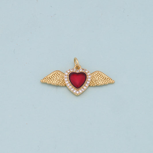 Gold Wings Charms,18K Gold Filled flame Red sacred heart Pendant,Religious Charm Bracelet Necklace for DIY Jewelry Making Supply