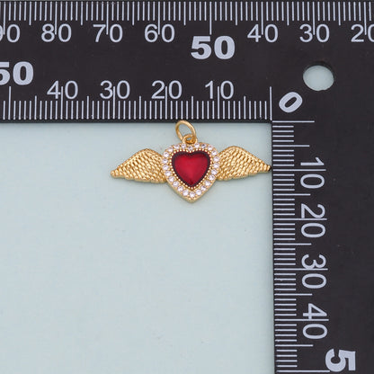 Gold Wings Charms,18K Gold Filled flame Red sacred heart Pendant,Religious Charm Bracelet Necklace for DIY Jewelry Making Supply