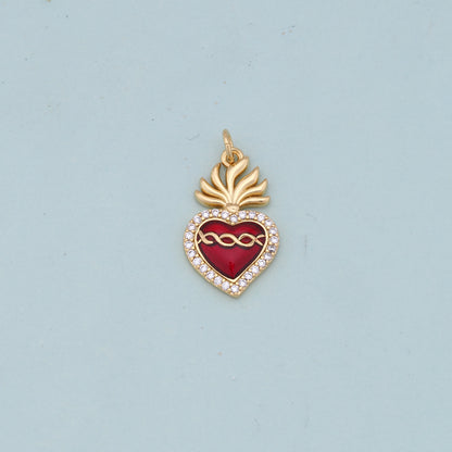 Gold Red sacred Heart Charms,18K Gold Filled flame sacred heart Pendant,Religious Charm Bracelet Necklace for DIY Jewelry Making Supply