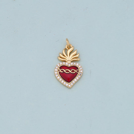 Gold Red sacred Heart Charms,18K Gold Filled flame sacred heart Pendant,Religious Charm Bracelet Necklace for DIY Jewelry Making Supply