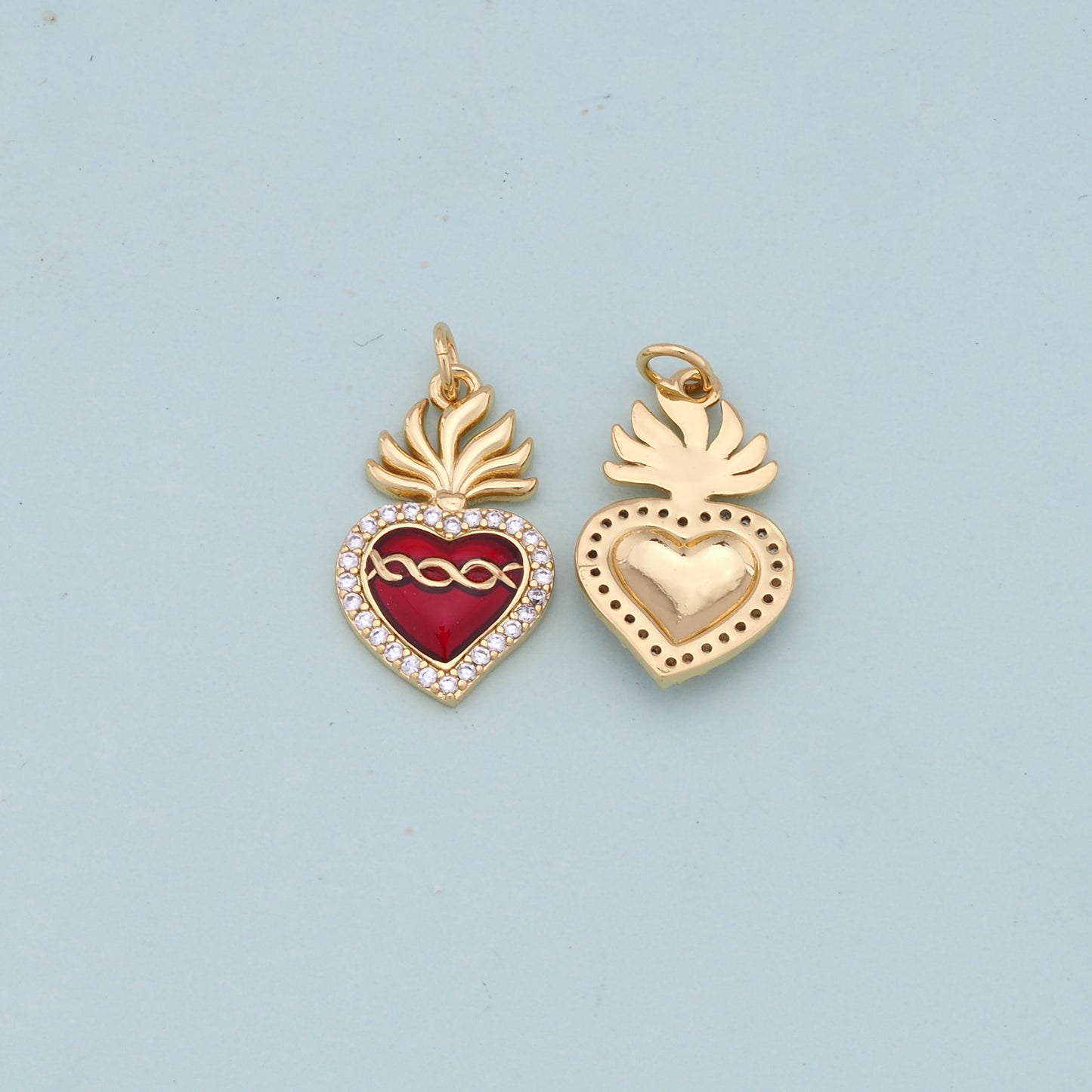 Gold Red sacred Heart Charms,18K Gold Filled flame sacred heart Pendant,Religious Charm Bracelet Necklace for DIY Jewelry Making Supply