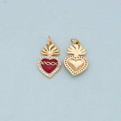 Gold Red sacred Heart Charms,18K Gold Filled flame sacred heart Pendant,Religious Charm Bracelet Necklace for DIY Jewelry Making Supply