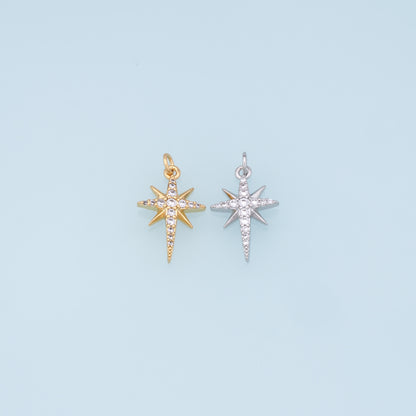 Gold Star Charms,18K Gold Filled Starburst Pendant,CZ North Star Charm Bracelet Necklace for DIY Jewelry Making Supply