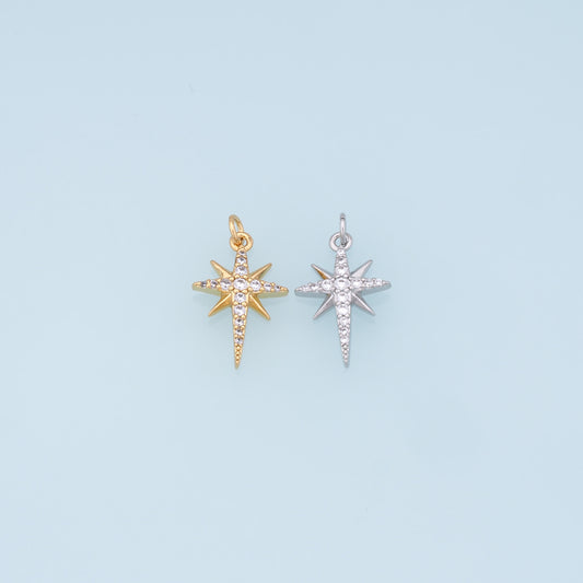Gold Star Charms,18K Gold Filled Starburst Pendant,CZ North Star Charm Bracelet Necklace for DIY Jewelry Making Supply