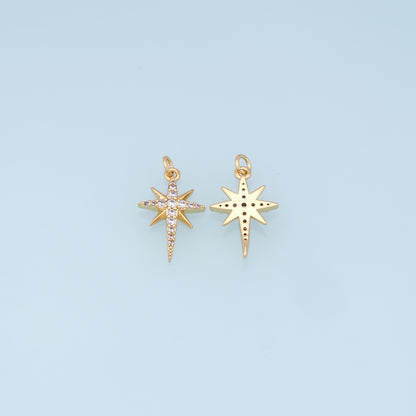 Gold Star Charms,18K Gold Filled Starburst Pendant,CZ North Star Charm Bracelet Necklace for DIY Jewelry Making Supply