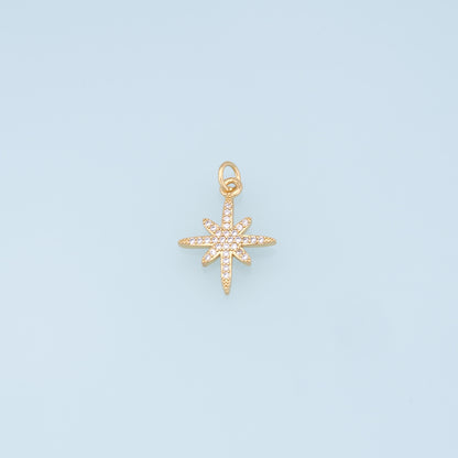 Gold Star Charms,18K Gold Filled Starburst Pendant,CZ North Star Charm Bracelet Necklace for DIY Jewelry Making Supply