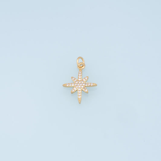 Gold Star Charms,18K Gold Filled Starburst Pendant,CZ North Star Charm Bracelet Necklace for DIY Jewelry Making Supply