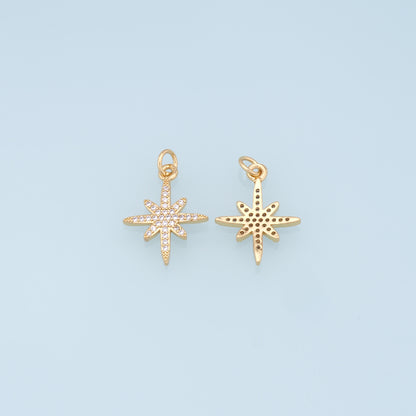 Gold Star Charms,18K Gold Filled Starburst Pendant,CZ North Star Charm Bracelet Necklace for DIY Jewelry Making Supply