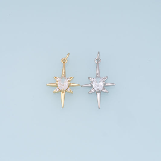 Gold Star Charms,18K Gold Filled Starburst Pendant,CZ North Star Charm Bracelet Necklace for DIY Jewelry Making Supply