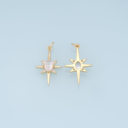 Gold Star Charms,18K Gold Filled Starburst Pendant,CZ North Star Charm Bracelet Necklace for DIY Jewelry Making Supply