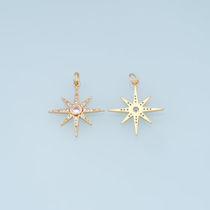 Gold Star Charms,18K Gold Filled Starburst Pendant,CZ North Star Charm Bracelet Necklace for DIY Jewelry Making Supply
