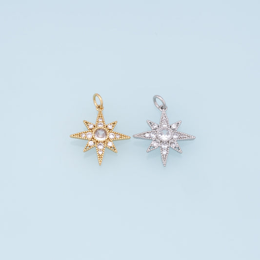 Gold Star Charms,18K Gold Filled Starburst Pendant,CZ North Star Charm Bracelet Necklace for DIY Jewelry Making Supply