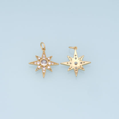 Gold Star Charms,18K Gold Filled Starburst Pendant,CZ North Star Charm Bracelet Necklace for DIY Jewelry Making Supply