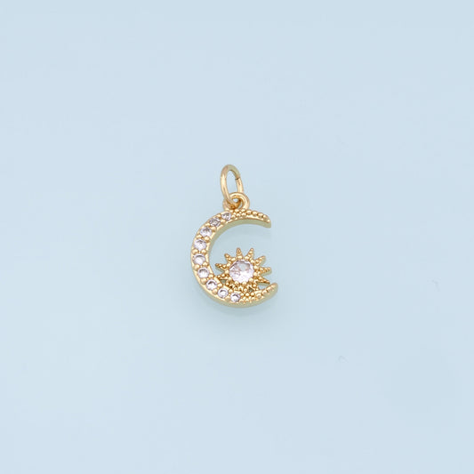 Gold Moon Star Charms,18K Gold Filled CZ Moon Pendant,Celestial Charm Bracelet Necklace for DIY Jewelry Making Supply
