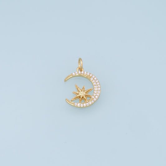 Gold Moon Star Charms,18K Gold Filled CZ Moon Pendant,Celestial Charm Bracelet Necklace for DIY Jewelry Making Supply