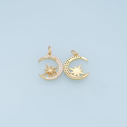 Gold Moon Star Charms,18K Gold Filled CZ Moon Pendant,Celestial Charm Bracelet Necklace for DIY Jewelry Making Supply