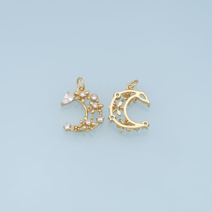 Gold Moon Star Charms,18K Gold Filled CZ Moon Pendant,Celestial Charm Bracelet Necklace for DIY Jewelry Making Supply