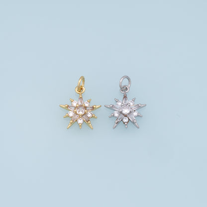 Gold Star Charms,18K Gold Filled Starburst Pendant,CZ North Star Charm Bracelet Necklace for DIY Jewelry Making Supply
