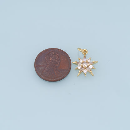 Gold Star Charms,18K Gold Filled Starburst Pendant,CZ North Star Charm Bracelet Necklace for DIY Jewelry Making Supply