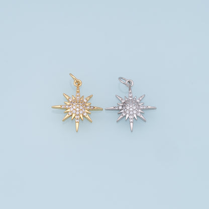Gold Star Charms,18K Gold Filled Starburst Pendant,CZ North Star Charm Bracelet Necklace for DIY Jewelry Making Supply