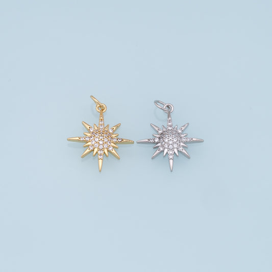 Gold Star Charms,18K Gold Filled Starburst Pendant,CZ North Star Charm Bracelet Necklace for DIY Jewelry Making Supply