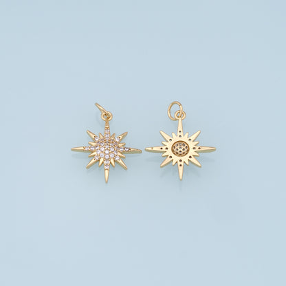 Gold Star Charms,18K Gold Filled Starburst Pendant,CZ North Star Charm Bracelet Necklace for DIY Jewelry Making Supply