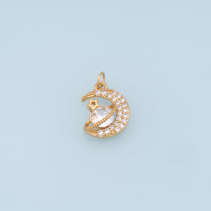 Gold Moon Star Charms,18K Gold Filled CZ Moon Pendant,Celestial Charm Bracelet Necklace for DIY Jewelry Making Supply