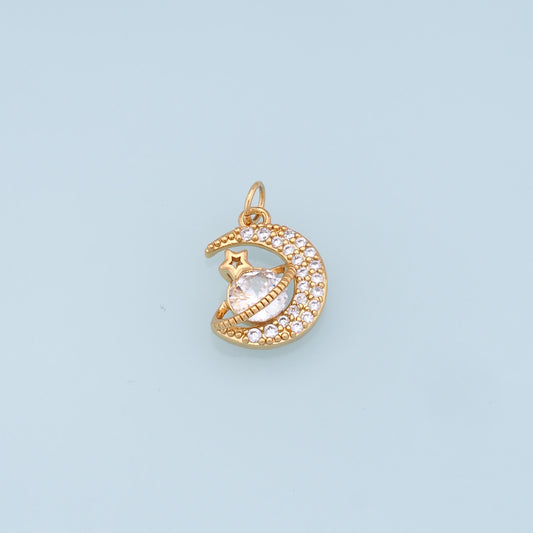 Gold Moon Star Charms,18K Gold Filled CZ Moon Pendant,Celestial Charm Bracelet Necklace for DIY Jewelry Making Supply