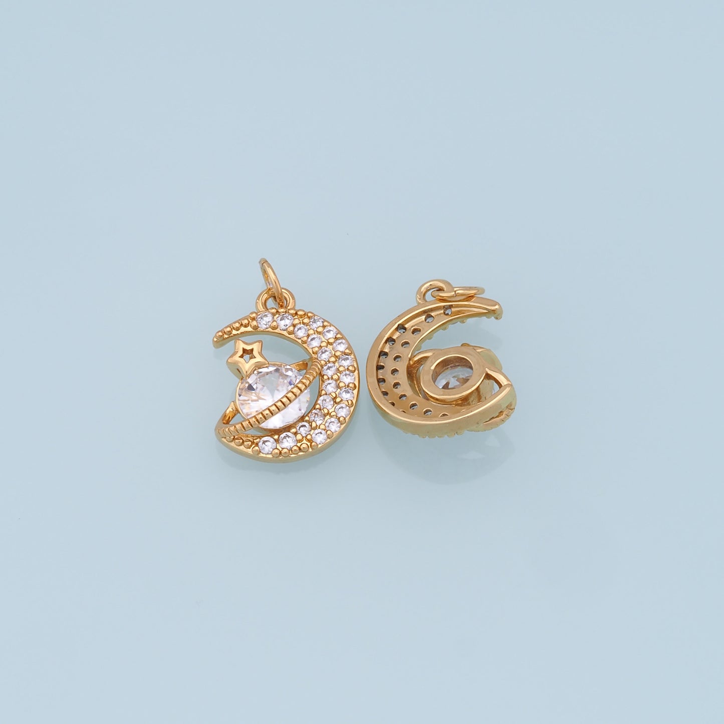 Gold Moon Star Charms,18K Gold Filled CZ Moon Pendant,Celestial Charm Bracelet Necklace for DIY Jewelry Making Supply