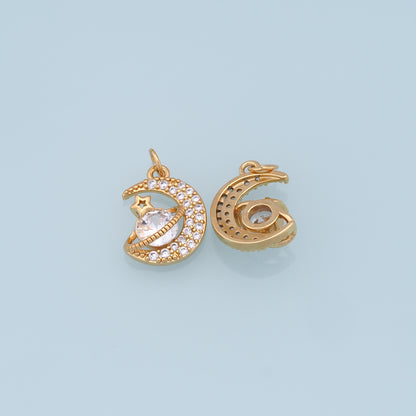 Gold Moon Star Charms,18K Gold Filled CZ Moon Pendant,Celestial Charm Bracelet Necklace for DIY Jewelry Making Supply