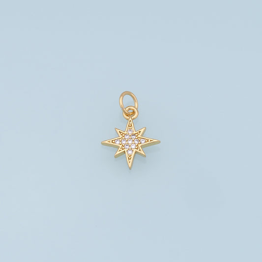 Gold Star Charms,18K Gold Filled Starburst Pendant,CZ North Star Charm Bracelet Necklace for DIY Jewelry Making Supply