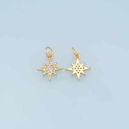 Gold Star Charms,18K Gold Filled Starburst Pendant,CZ North Star Charm Bracelet Necklace for DIY Jewelry Making Supply