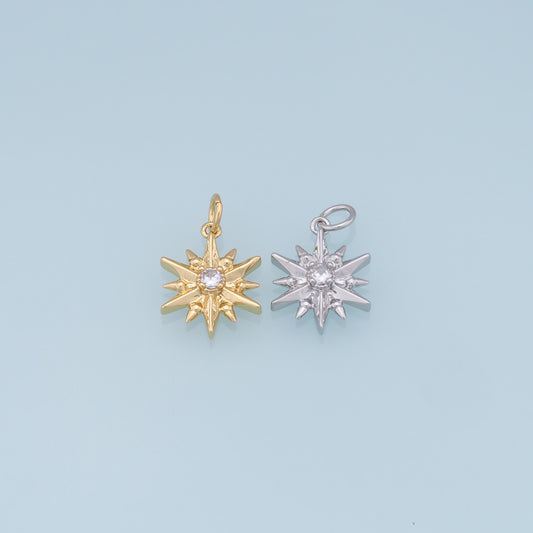 Gold Star Charms,18K Gold Filled Starburst Pendant,CZ North Star Charm Bracelet Necklace for DIY Jewelry Making Supply