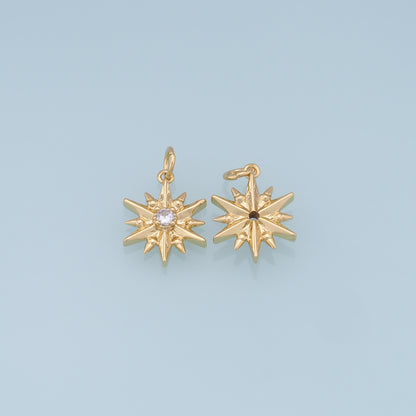 Gold Star Charms,18K Gold Filled Starburst Pendant,CZ North Star Charm Bracelet Necklace for DIY Jewelry Making Supply