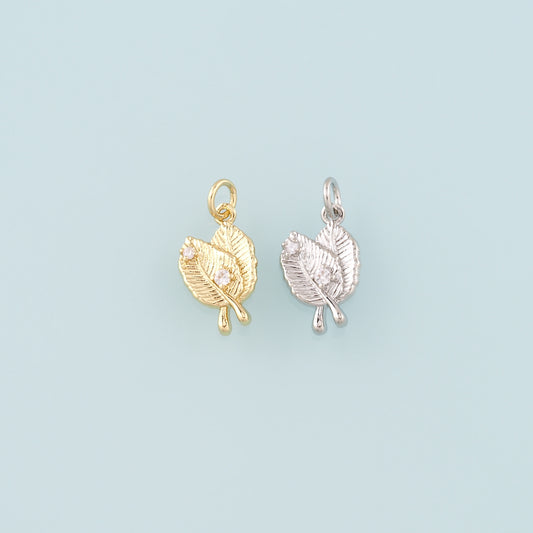 18K Gold Filled Leaf Pendant,CZ Micro Pave Leaf Charm Bracelet Necklace for DIY Jewelry Making Supply