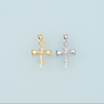 18K Gold Filled Rose Cross Pendant,Dainty Flower Charm Bracelet Necklace for DIY Jewelry Making Supply