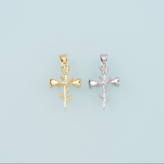 18K Gold Filled Rose Cross Pendant,Dainty Flower Charm Bracelet Necklace for DIY Jewelry Making Supply