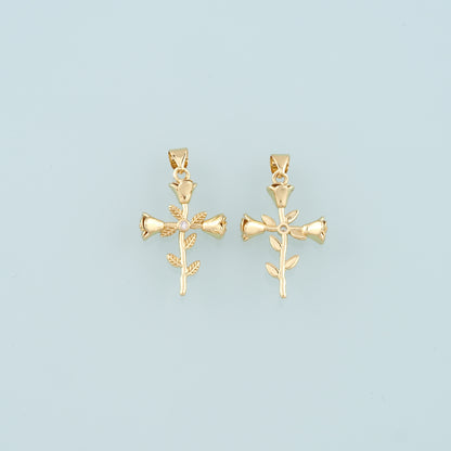 18K Gold Filled Rose Cross Pendant,Dainty Flower Charm Bracelet Necklace for DIY Jewelry Making Supply