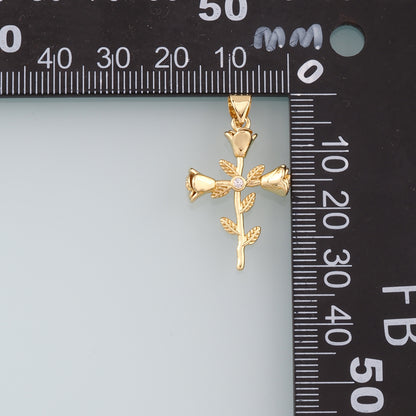 18K Gold Filled Rose Cross Pendant,Dainty Flower Charm Bracelet Necklace for DIY Jewelry Making Supply