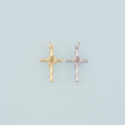 18K Gold Filled Rose Cross Pendant,Dainty Flower Charm Bracelet Necklace for DIY Jewelry Making Supply
