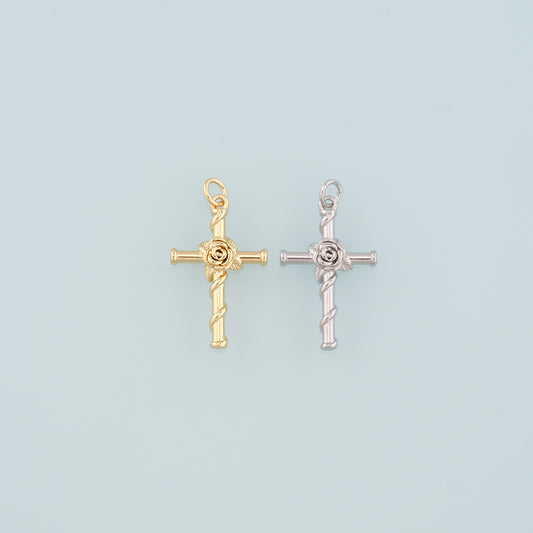 18K Gold Filled Rose Cross Pendant,Dainty Flower Charm Bracelet Necklace for DIY Jewelry Making Supply