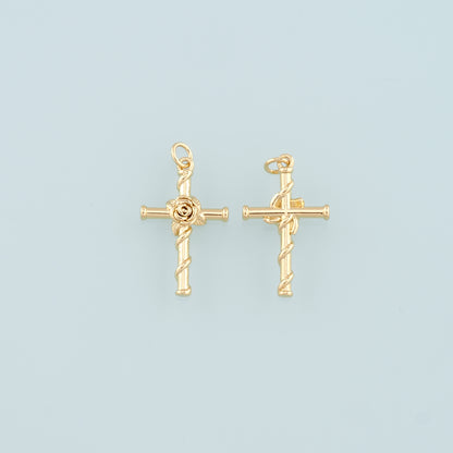 18K Gold Filled Rose Cross Pendant,Dainty Flower Charm Bracelet Necklace for DIY Jewelry Making Supply