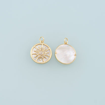 Gold Sun Charms,18K Gold Filled Shell Sun Pendant,CZ Micro Pave Celestial Charm Bracelet Necklace for DIY Jewelry Making Supply