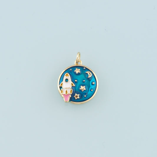 Gold Rocket Charms,18K Gold Filled Enamel Starry Sky Charm Bracelet Necklace for DIY Jewelry Making Supply