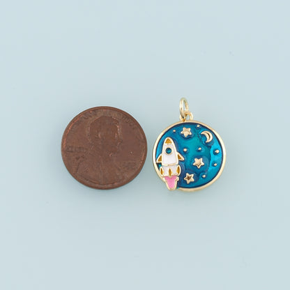 Gold Rocket Charms,18K Gold Filled Enamel Starry Sky Charm Bracelet Necklace for DIY Jewelry Making Supply