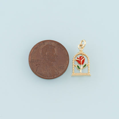 Gold Rose Charm,18K Gold Filled Rose Pendant,Enamel Flower Charm Bracelet Necklace for DIY Jewelry Making Supply