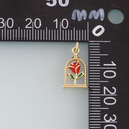 Gold Rose Charm,18K Gold Filled Rose Pendant,Enamel Flower Charm Bracelet Necklace for DIY Jewelry Making Supply
