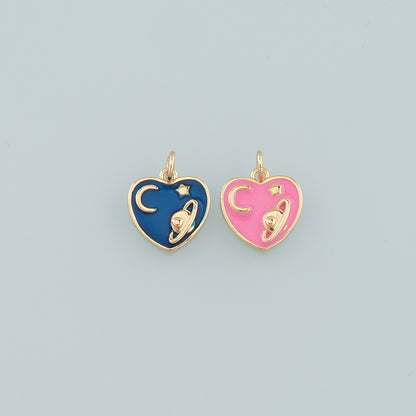 18K Gold Filled Saturn Pendant,Enamel Heart Saturn Charm Bracelet Necklace for DIY Jewelry Making Supply