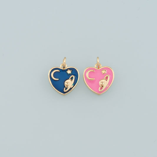 18K Gold Filled Saturn Pendant,Enamel Heart Saturn Charm Bracelet Necklace for DIY Jewelry Making Supply