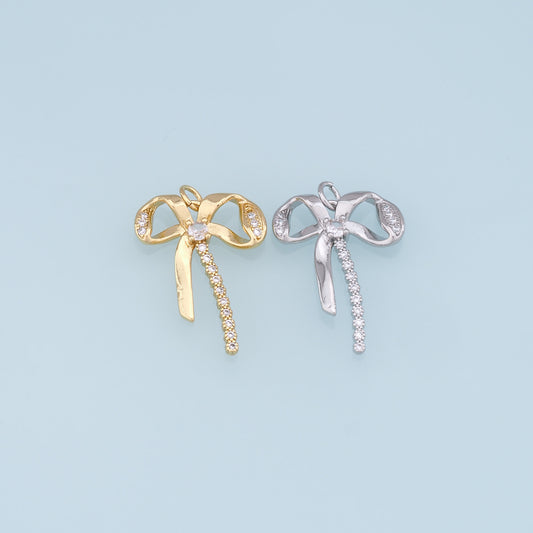 Gold Bow Charms,18K Gold Filled CZ Bow Pendant,Silver bow tie Charm Bracelet Necklace for DIY Jewelry Making Supply